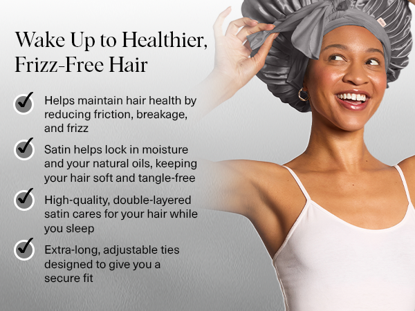 Kitsch XL Satin Bonnet for Sleeping - Softer Than Silk Hair Bonnet for Women - Secure Fit, Adjustable Night Cap for Curly & Textured Hair - Prevents Breakage, Tangles & Thinning - Charcoal