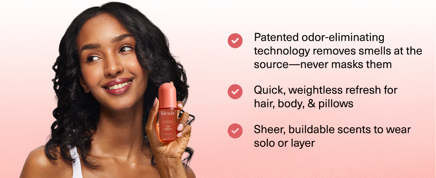 Kitsch Hair Perfume for Women - Tart Cherry | Clean, Deodorizing & Patented Odor-Eliminating Technology Hair Spray & Body Mist - Freshen Hair, Body & Pillows - Fruity Gourmand Scent & Vanilla - 50mL | For Women, Clean, Deodorizing, Freshen Hair, Body