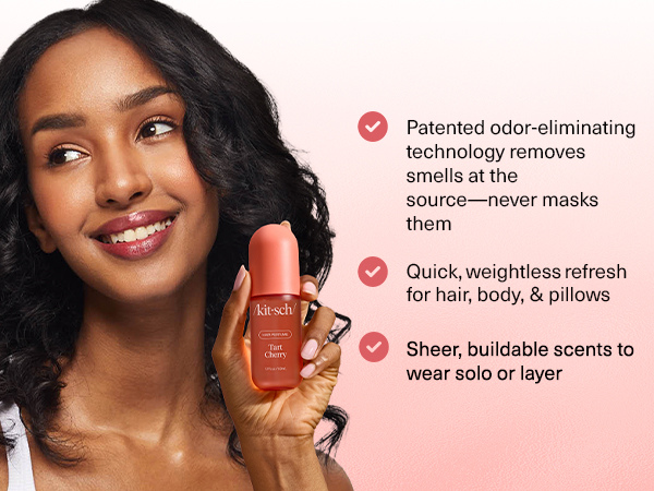 Kitsch Hair Perfume for Women - Tart Cherry | Clean, Deodorizing & Patented Odor-Eliminating Technology Hair Spray & Body Mist - Freshen Hair, Body & Pillows - Fruity Gourmand Scent & Vanilla - 50mL | For Women, Clean, Deodorizing, Freshen Hair, Body