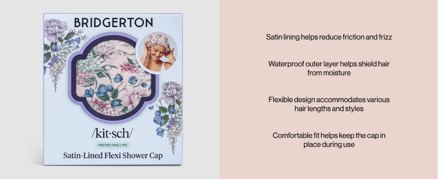 Bridgerton x Kitsch Satin-Lined Flexi Shower Caps for Women Reusable Waterproof - Large Wide Shower Cap for Women & Men, Adjustable, Stylish Hair Cap for Showers, For Long & Short Hair - Wisteria