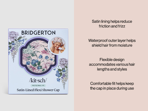 Bridgerton x Kitsch Satin-Lined Flexi Shower Caps for Women Reusable Waterproof - Large Wide Shower Cap for Women & Men, Adjustable, Stylish Hair Cap for Showers, For Long & Short Hair - Wisteria