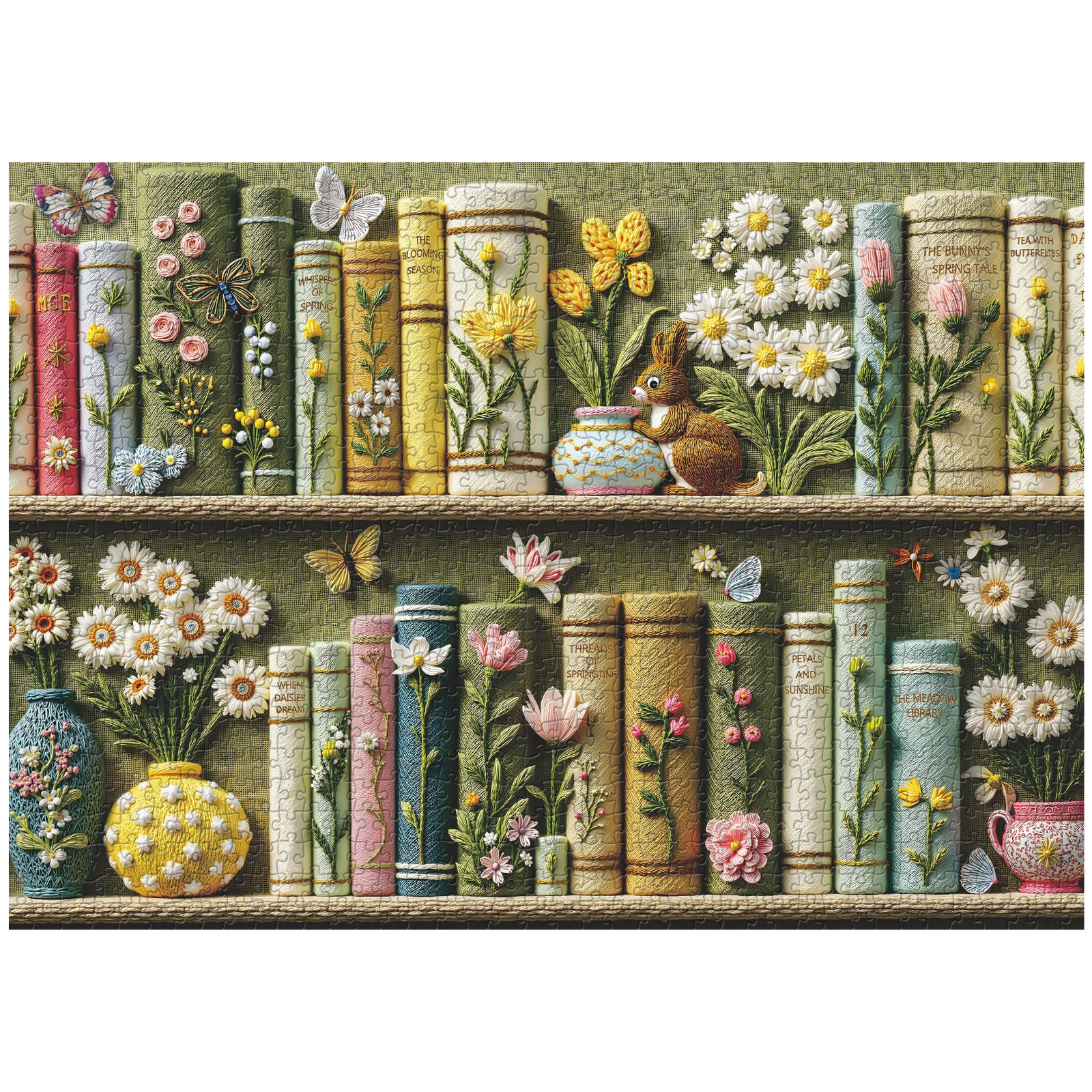Spring Floral Bookshelf Puzzles for Adults 1000 Pieces, Challenging Bunny Garden Library with Flower and Butterfly, Vintage Botanical Book Spine Aesthetic Art Jigsaw Puzzle