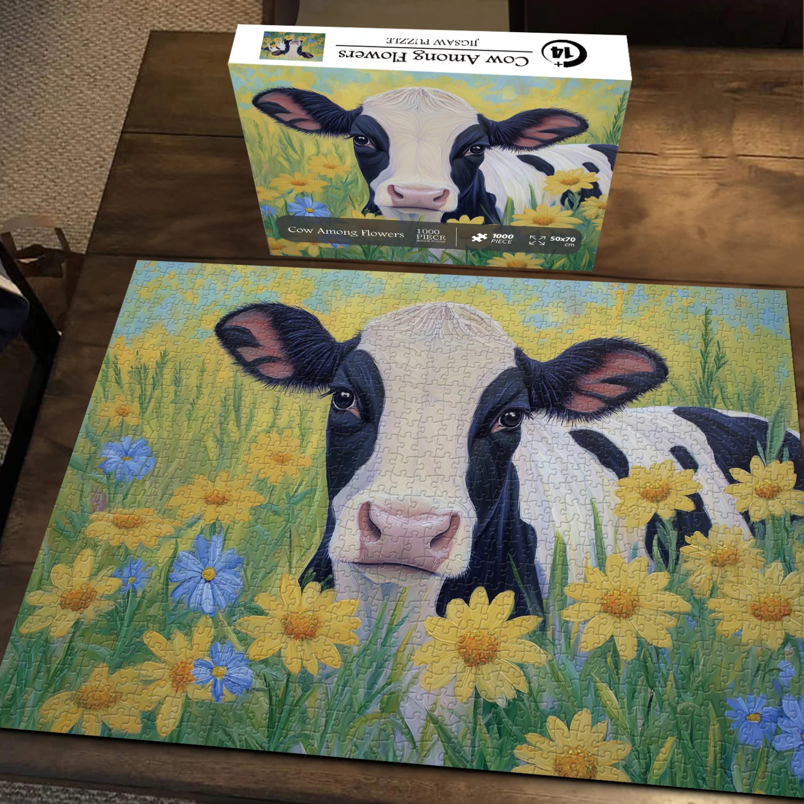 Sunflower Cow Painting Jigsaw Puzzle 1000 Piece for Adult, Animal Flower Plant Nature Jigsaw Puzzles, Funny Art Beautiful Landscape Puzzle