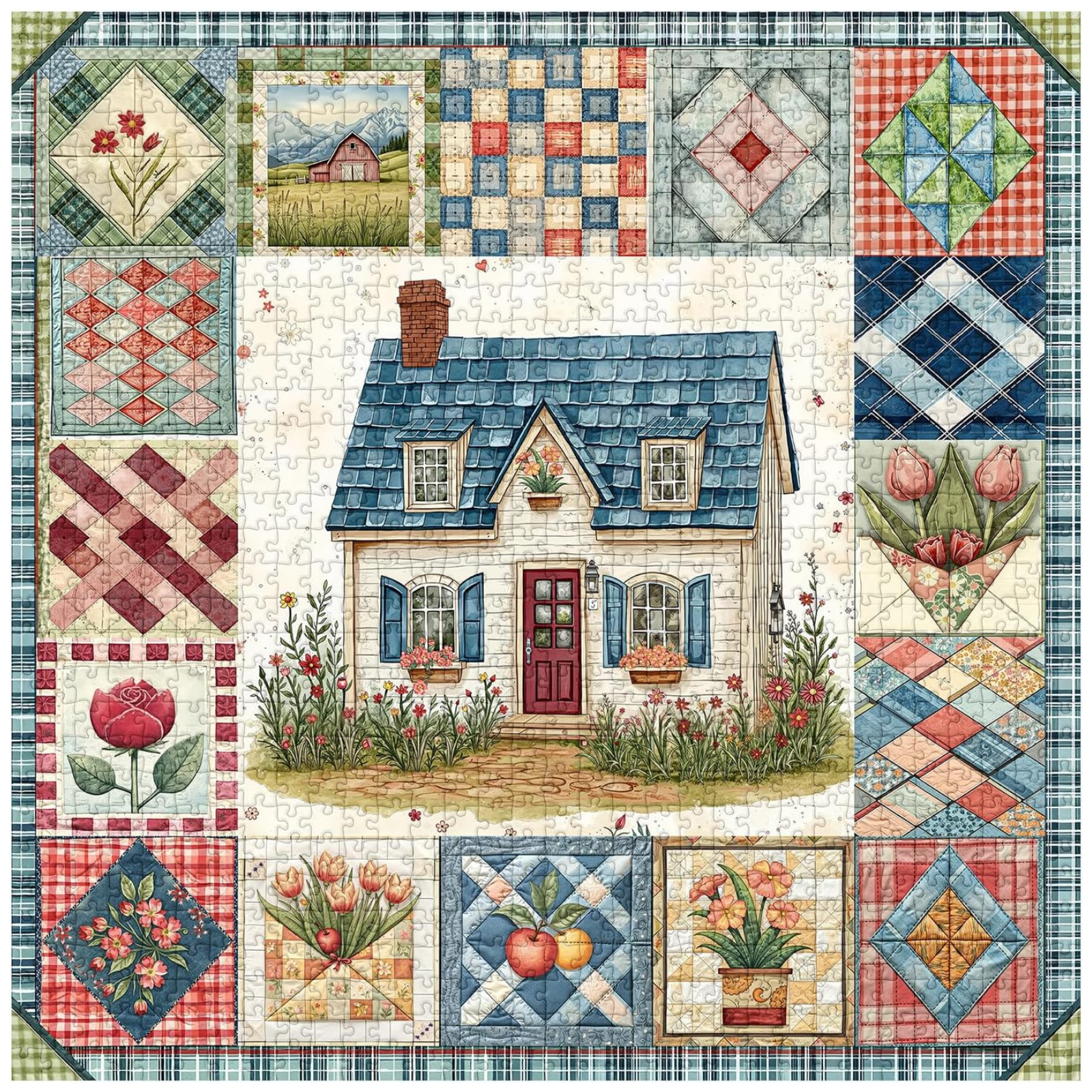 Vintage Collage Patchwork Puzzles for Adults 1000 Pieces, PICKFORU Vintage Collage Puzzles House, Retro Spring Flower Pattern Puzzle as Wall Decor
