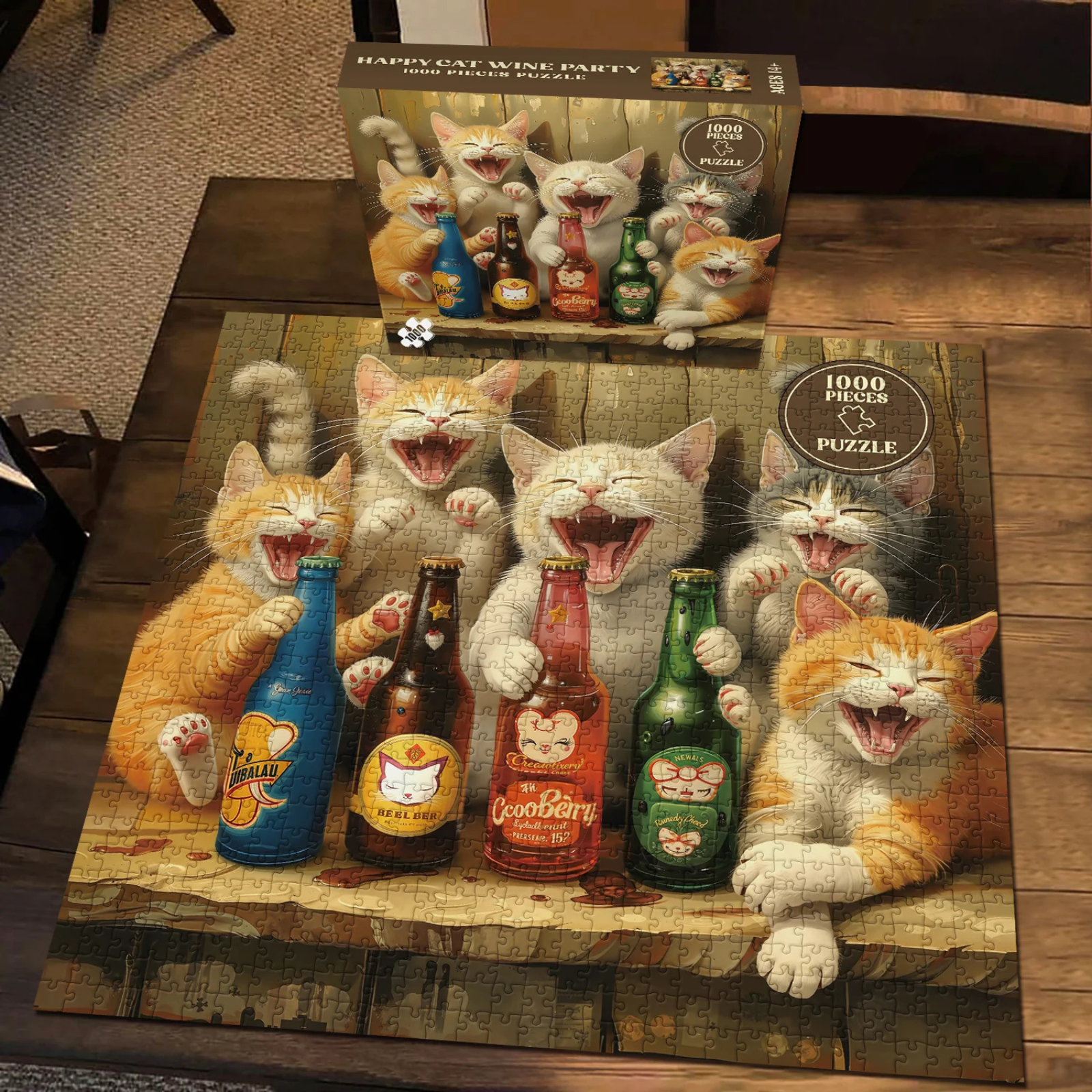 Cat Bottle Funny 1000 Pieces for Adults, Kitty Vintage Beer Jigsaw Puzzle, Cute Animal Liquor Bottle Art Puzzles