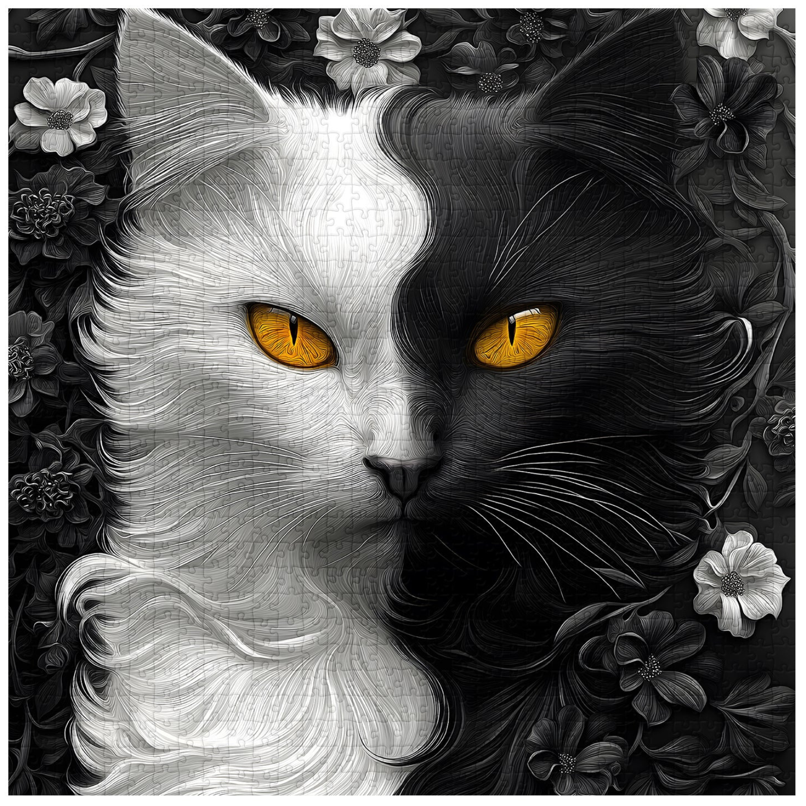 Yin Yang Cat Jigsaw Puzzle 1000 Pieces for Adults,Black and White Kitty Animal Flower Puzzle, Unique Kitten Puzzle,Impossible Difficult Hard Challenge for Adults, Cat Aesthetic Home Wall Decor