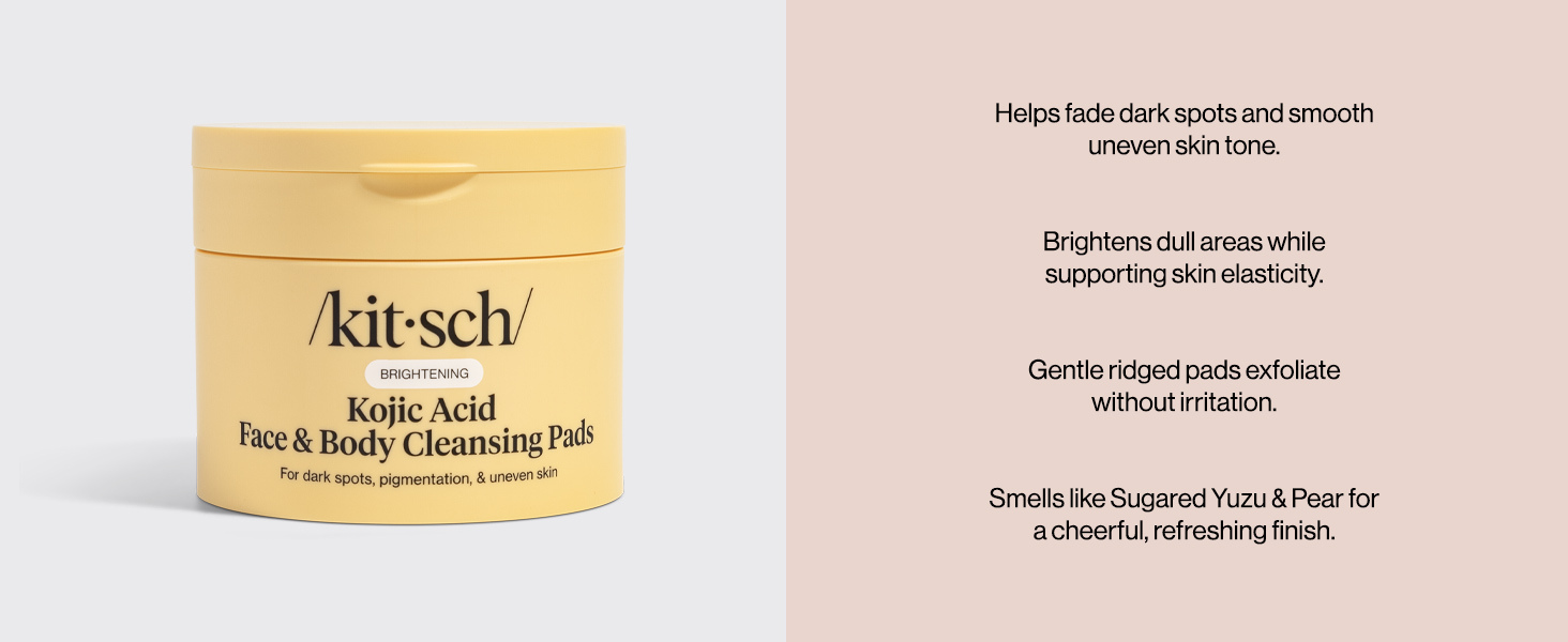 Kitsch Kojic Acid Cleansing Pads with Turmeric & Cica to Smooth, Refresh & Even Tone Skin Care &ndash; Exfoliating & Brightening Pre-Soaked Cotton Pads for Face and Body &ndash; 50 count