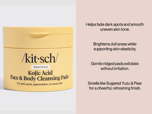 Kitsch Kojic Acid Cleansing Pads with Turmeric & Cica to Smooth, Refresh & Even Tone Skin Care &ndash; Exfoliating & Brightening Pre-Soaked Cotton Pads for Face and Body &ndash; 50 count