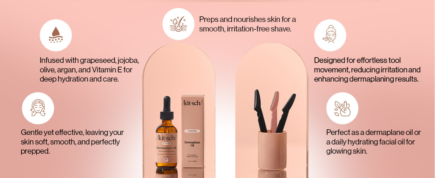 Kitsch Dermaplane Face Oil with Jojoba & Argan Oil – Hydrating Facial Formula for Dermaplaning Tool, Gua Sha & Razor Use – Irritation-Free Shave Oil for Soft, Radiant Skin - 60mL
