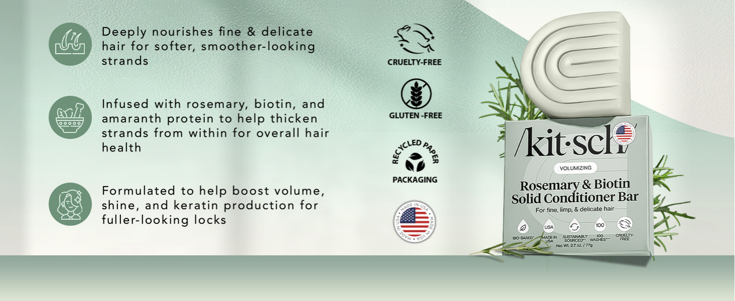 Kitsch Rosemary & Biotin Volumizing Hair Conditioner Bar for Hair Growth & Thickening &ndash; Hydrating & Cleansing Hair Conditioner for Women & Men - Paraben, Silicone & Sulfate Free 77g