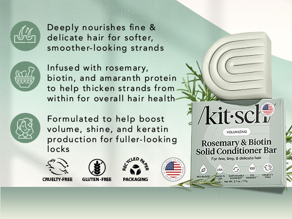 Kitsch Rosemary & Biotin Volumizing Hair Conditioner Bar for Hair Growth & Thickening &ndash; Hydrating & Cleansing Hair Conditioner for Women & Men - Paraben, Silicone & Sulfate Free 77g