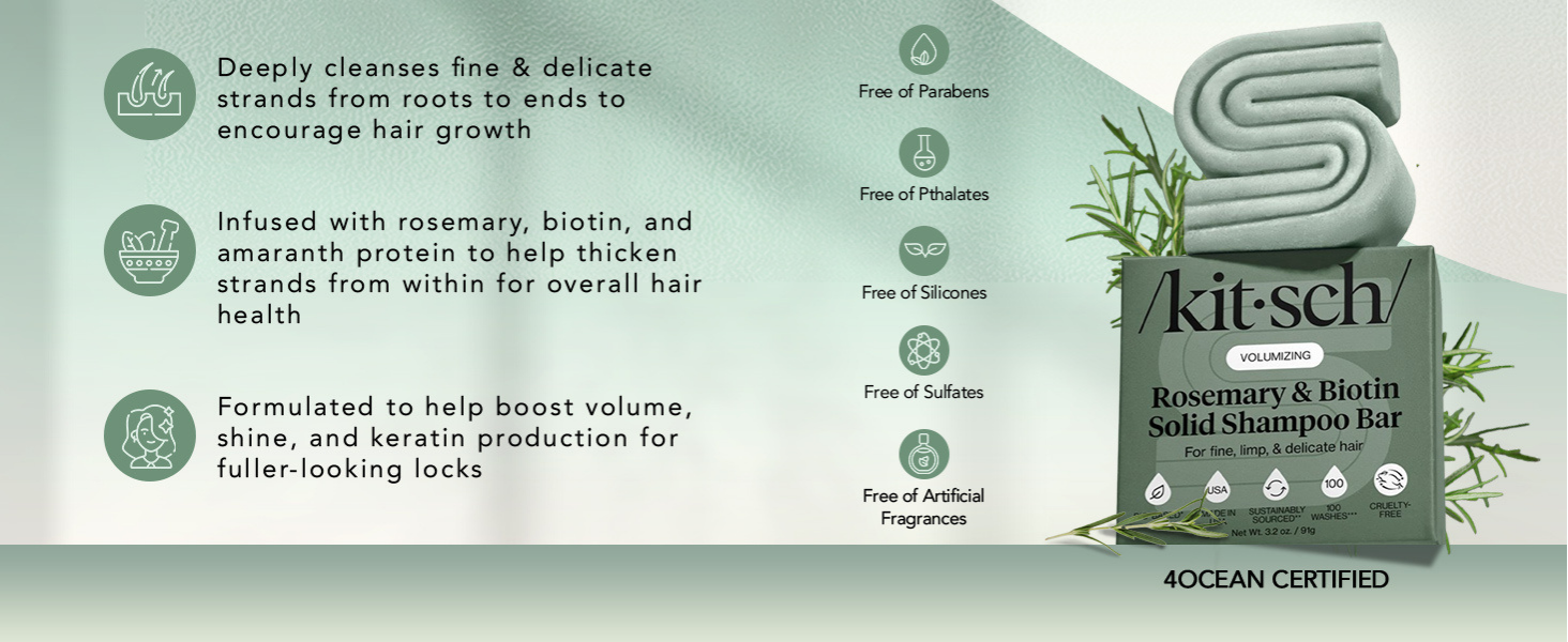 Kitsch Rosemary & Biotin Shampoo Bar - For Hair Growth, Strengthening, Thickening & Volumizing Shampoo for Women and Men - Free of Parabens, Sulfates & Silicones 91g