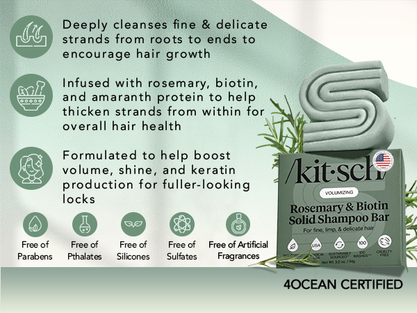 Kitsch Rosemary & Biotin Shampoo Bar - For Hair Growth, Strengthening, Thickening & Volumizing Shampoo for Women and Men - Free of Parabens, Sulfates & Silicones 91g