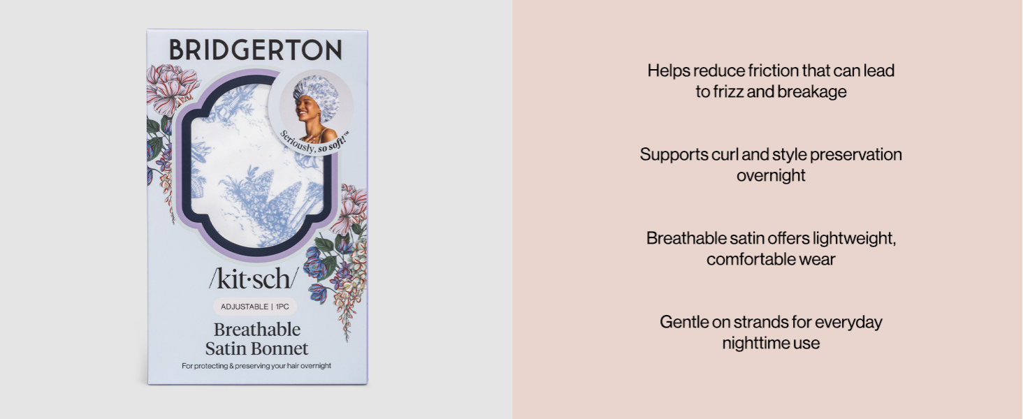 Kitsch x Bridgerton Satin Bonnet for Sleeping - Softer Than Silk Bonnet For Sleeping Women - Secure Fit, Adjustable, Night Cap For Curly & Textured Hair - Prevents Breakage & Tangles - Garden Toile