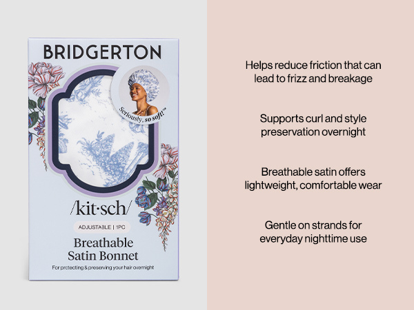 Kitsch x Bridgerton Satin Bonnet for Sleeping - Softer Than Silk Bonnet For Sleeping Women - Secure Fit, Adjustable, Night Cap For Curly & Textured Hair - Prevents Breakage & Tangles - Garden Toile