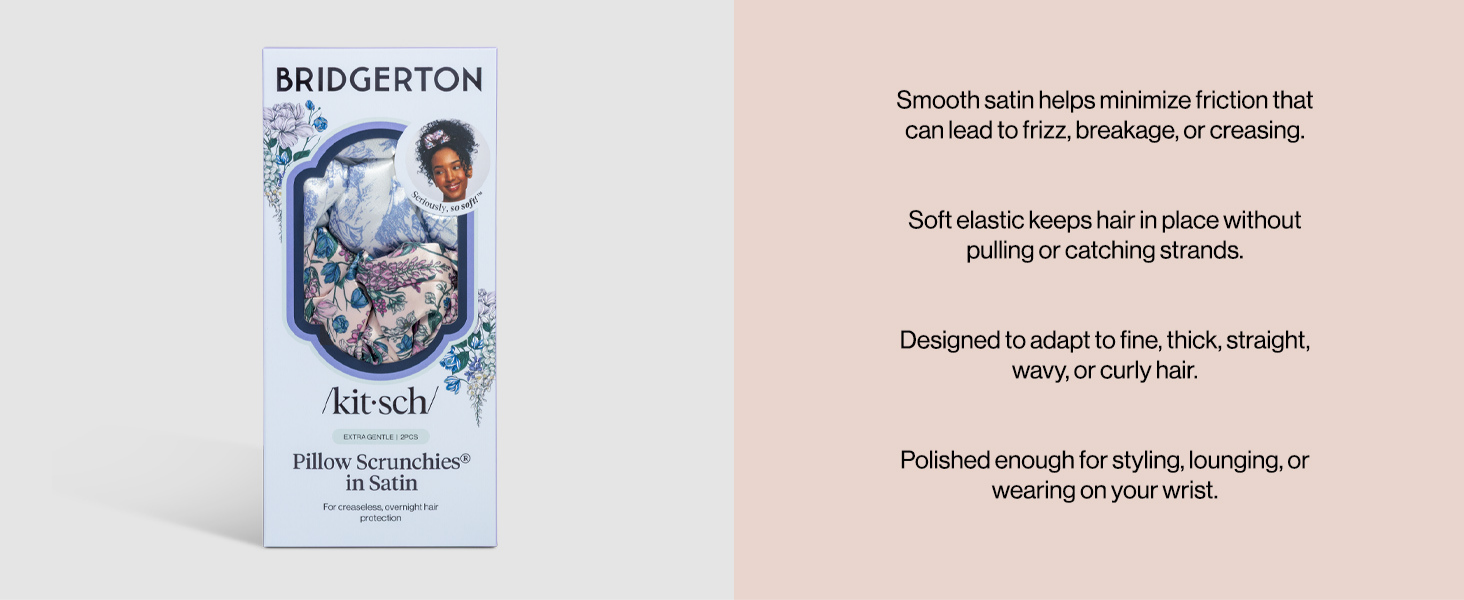 Bridgerton x Kitsch Satin Scrunchies for Women, No Snag, No Tugging, Soft & Comfortable Scrunchies for Girls, Perfect for Day or Night | Ideal Gifts for Women - Toile De Blue, 2pcs