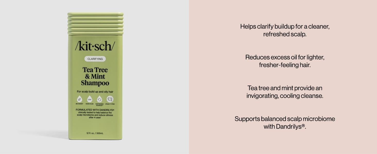 Kitsch Clarifying Tea Tree & Mint Liquid Shampoo for Men and Women – Clarifying Shampoo with Peppermint & Tea Tree Oil for Oily Hair & Scalp Buildup – Clean Color-Safe Hair Care, Made in USA