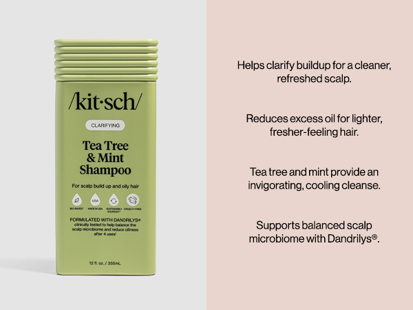 Kitsch Clarifying Tea Tree & Mint Liquid Shampoo for Men and Women – Clarifying Shampoo with Peppermint & Tea Tree Oil for Oily Hair & Scalp Buildup – Clean Color-Safe Hair Care, Made in USA