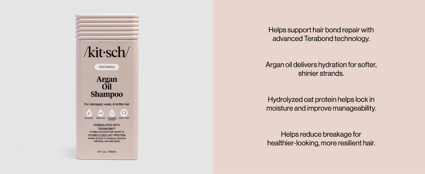Kitsch Repairing Argan Oil Shampoo for Men & Women w/Terabond&trade; &ndash; Argan Oil for Hair, Repairs & Renews Damaged, Weak, & Brittle Hair &ndash; Silicone, Paraben & Sulfate Free Shampoo for Hair Care