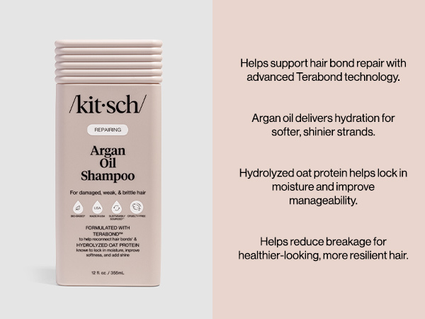 Kitsch Repairing Argan Oil Shampoo for Men & Women w/Terabond&trade; &ndash; Argan Oil for Hair, Repairs & Renews Damaged, Weak, & Brittle Hair &ndash; Silicone, Paraben & Sulfate Free Shampoo for Hair Care