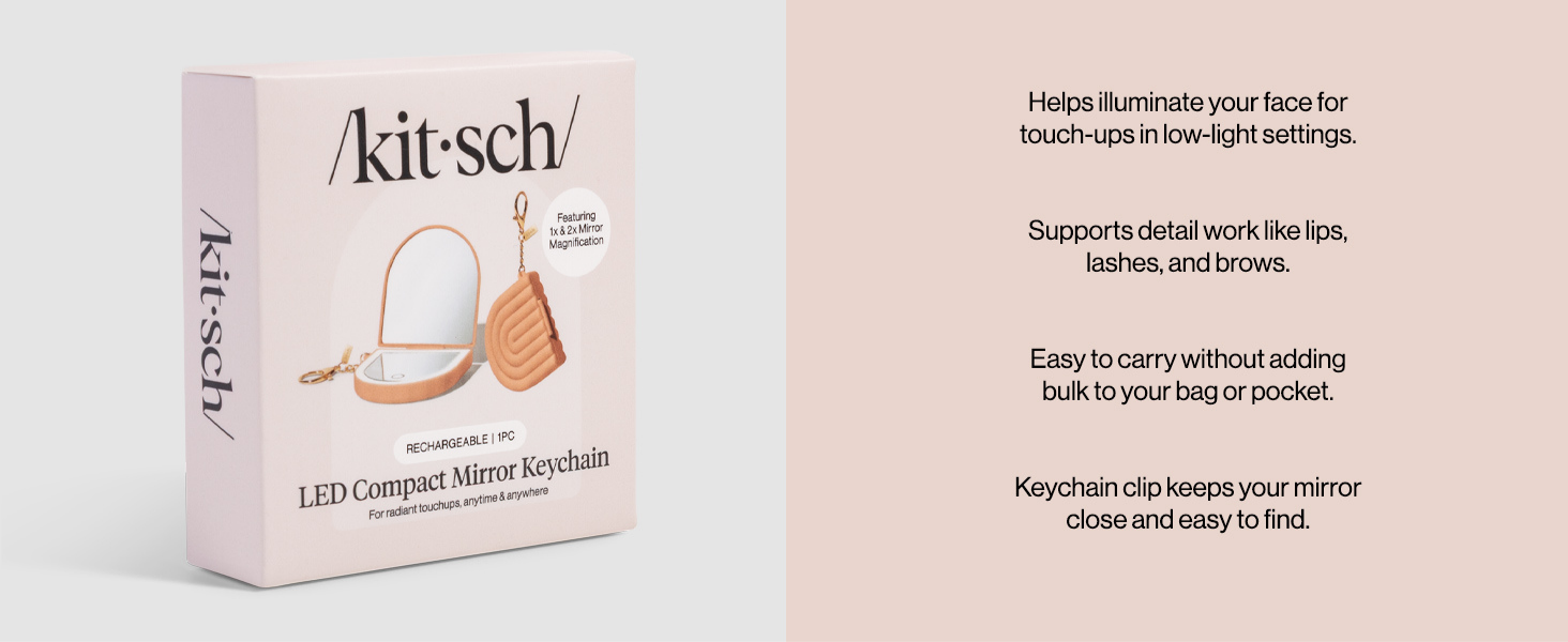 Kitsch Compact Mirror Keychain &ndash; Travel Makeup Mirror with Lights, Small Lighted Dual-Magnification Pocket Mirrors, USB-Rechargeable, Ideal for Your Touch-Ups While On Travel &ndash; Terracotta