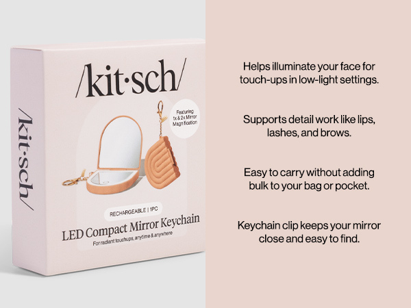 Kitsch Compact Mirror Keychain &ndash; Travel Makeup Mirror with Lights, Small Lighted Dual-Magnification Pocket Mirrors, USB-Rechargeable, Ideal for Your Touch-Ups While On Travel &ndash; Terracotta
