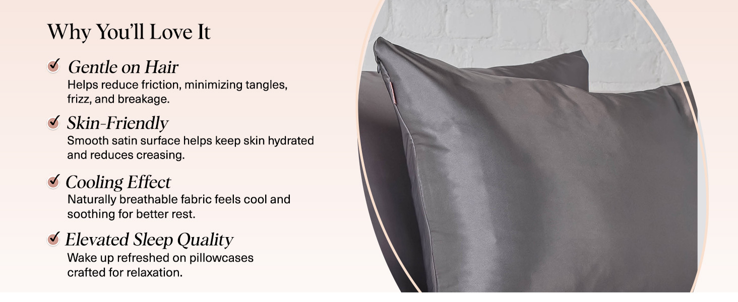 Kitsch Satin Pillowcase with Zipper for Hair & Skin - Softer Than Silk Pillow Cases, Smooth Cooling Satin Pillow Case, Wrinkle-Free, Machine Washable - Pillow Cases Standard Size (66x48 cm) - Charcoal