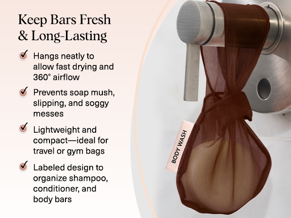 Kitsch Bar Soap Saver Pouch &ndash; Patented Mesh Soap Bag for Shampoo and Conditioner Bars - Extends Use & Prevents Soggy Mess - Recycled Beauty Bar Bag, Eco-Friendly - Chocolate