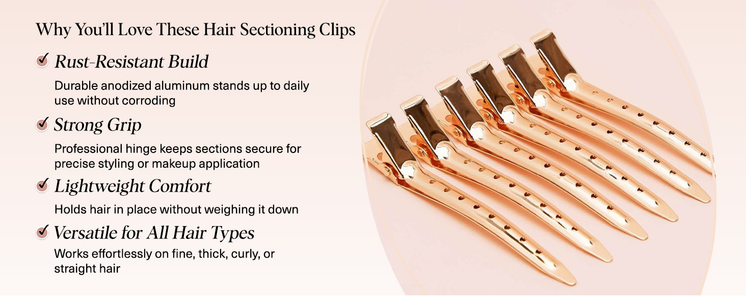 Kitsch Professional Alligator Clips for Hair Styling &ndash; 3.5" Aluminum Hair Sectioning Clips for Salon & Makeup Application | Ideal Gifts for Women &ndash; Rose Gold, 6 Pcs