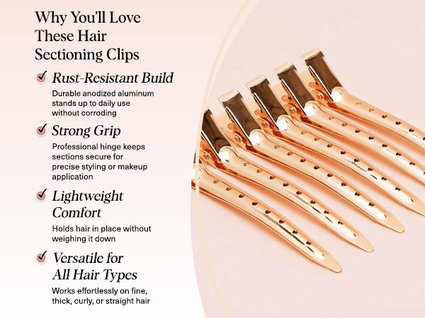 Kitsch Professional Alligator Clips for Hair Styling &ndash; 3.5" Aluminum Hair Sectioning Clips for Salon & Makeup Application | Ideal Gifts for Women &ndash; Rose Gold, 6 Pcs