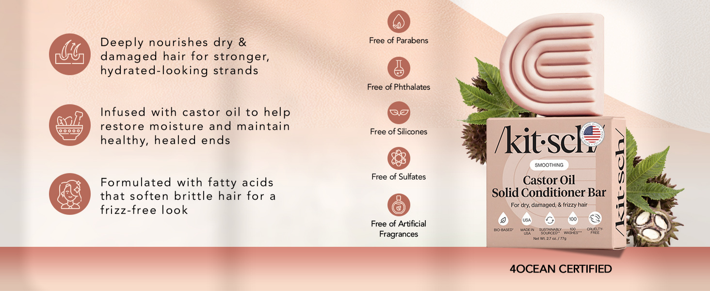 Kitsch Castor Oil Conditioner Bar Soap - Hydrating & Moisturizing Hair Care - Organic Castor Oil Conditioner for Hair Growth & Scalp Nourishment - Silicone & Paraben-Free, Vegan, Made in USA