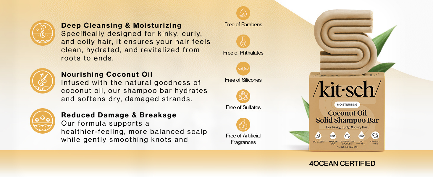 Kitsch Coconut Oil Shampoo Bar - Hydrate & Soften Dry Damaged Hair - Deep Moisturizing Curly Hair Shampoo - Safe Shampoo for Color Treated Hair - Silicone, Paraben & Sulfate Free - Made in USA