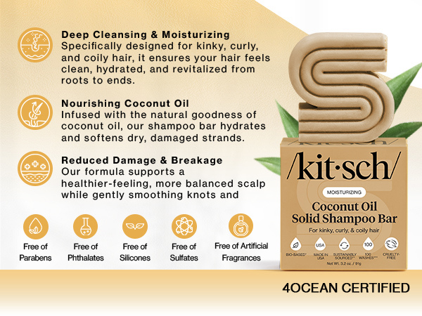 Kitsch Coconut Oil Shampoo Bar - Hydrate & Soften Dry Damaged Hair - Deep Moisturizing Curly Hair Shampoo - Safe Shampoo for Color Treated Hair - Silicone, Paraben & Sulfate Free - Made in USA