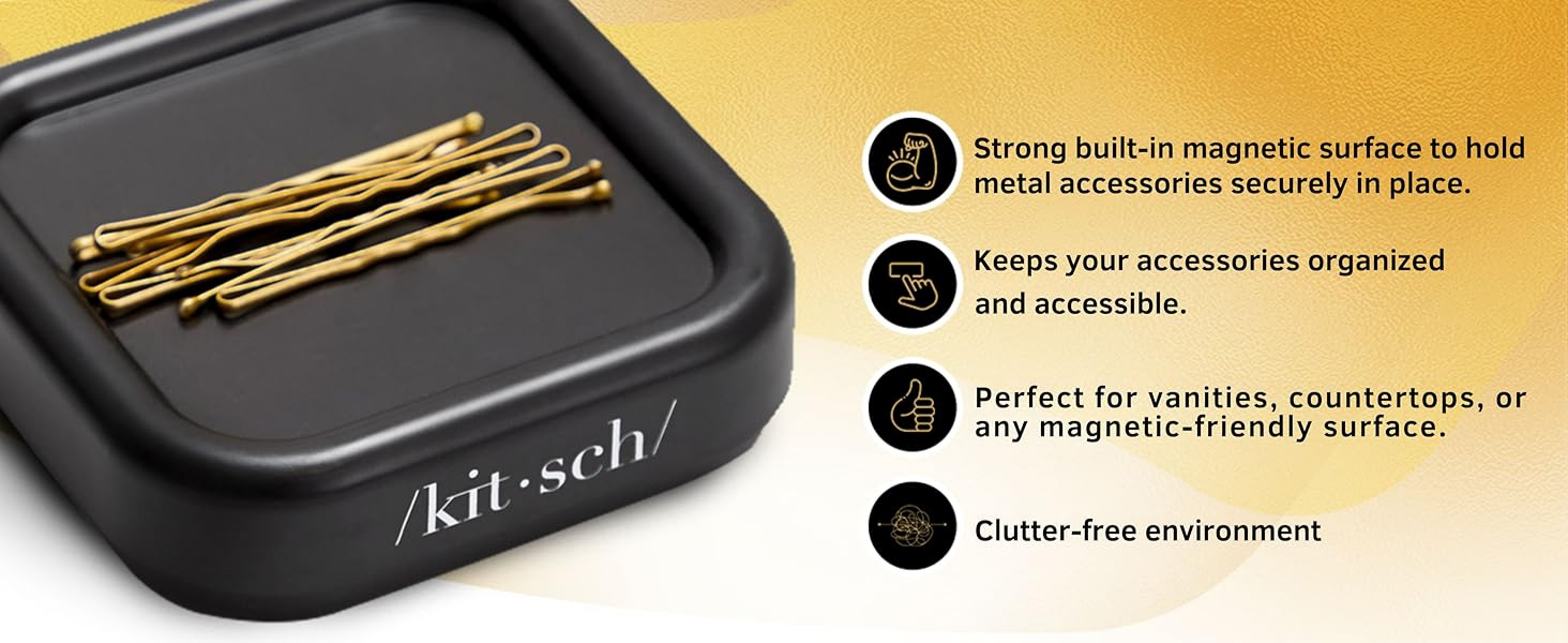 Kitsch Magnetic Bobby Pin Holder - Cute Stuff, Strong Magnetic Pin Holder for Desk & Vanity, Securely Holds Metal Hair Clips, Bobby Pins & Paper Clip | Ideal Gifts for Women - Black, 1 pc