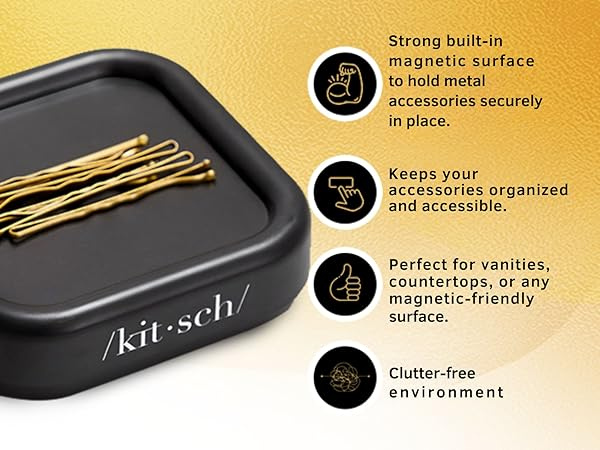 Kitsch Magnetic Bobby Pin Holder - Cute Stuff, Strong Magnetic Pin Holder for Desk & Vanity, Securely Holds Metal Hair Clips, Bobby Pins & Paper Clip | Ideal Gifts for Women - Black, 1 pc