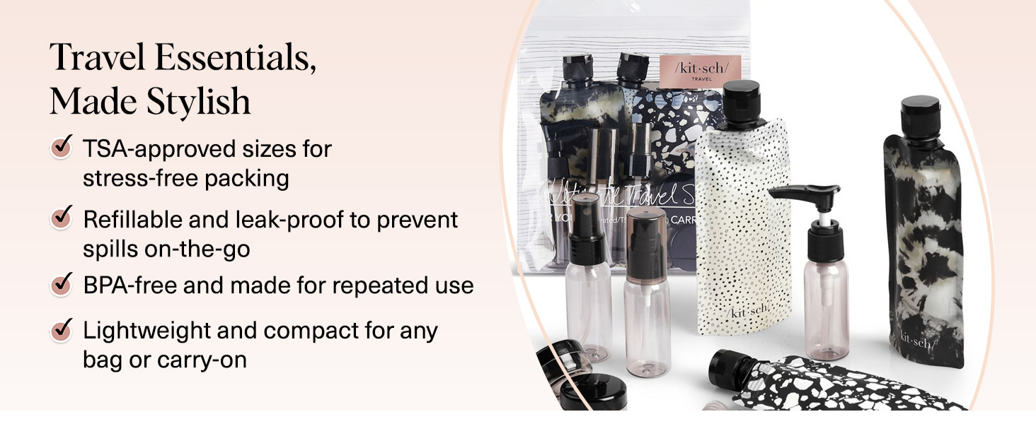 Kitsch 11 PCS Travel Containers for Toiletries &ndash; Travel Essentials Kit for Shampoo, & More - TSA Approved Bottles for Travel Size Toiletries, Leak-Proof Refillable Travel Containers - Black & Ivory