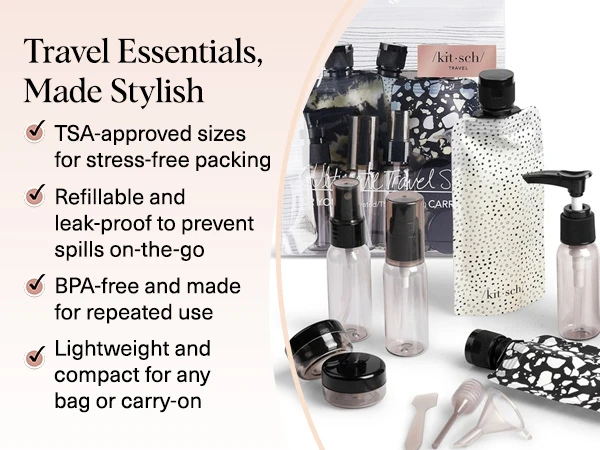 Kitsch 11 PCS Travel Containers for Toiletries &ndash; Travel Essentials Kit for Shampoo, & More - TSA Approved Bottles for Travel Size Toiletries, Leak-Proof Refillable Travel Containers - Black & Ivory