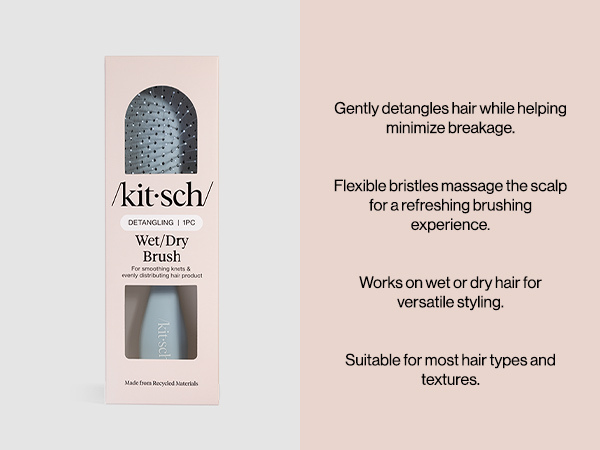 Kitsch Recycled Plastic Wet/Dry Hair Brush, Detangling Tool for Curly or Straight Styles, Brush for Tangled Strands, Flexible Hairbrush Bristles, Brushes for Women & Men, Adults & Kids - Haze Blue