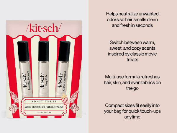 Kitsch Hair Perfume for Women - Movie Theater Set | Deodorizing & Patented Odor-Eliminating Technology Hair Spray & Body Mist - Buttered Popcorn, Fizzy Cola & Cinnamon Pretzel, 3x10mL