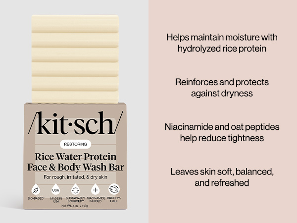 Rice Water Protein Restoring Face & Body Wash Bar Soap – Hydrating Face Wash & Body Wash, Skin Care Cleanser with Niacinamide & Oat Peptides, Gentle Moisturizing for Dry & Sensitive Skin - 113g
