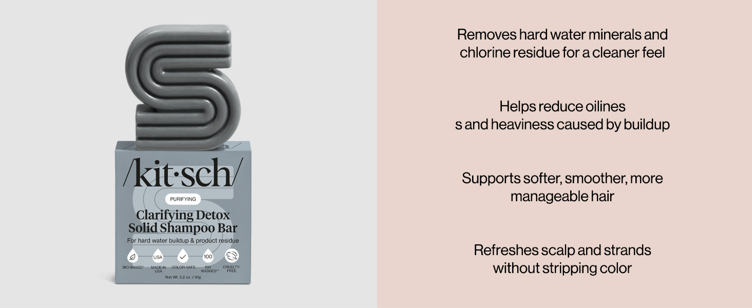 Kitsch Clarifying Shampoo Bar – Detox Shampoo for Hard Water & Chlorine Build Up – Hair Shampoo for Women & Men – Hair Care w/Apple Cider Vinegar, Activated Charcoal & Vitamin C, Color-Safe - 91g
