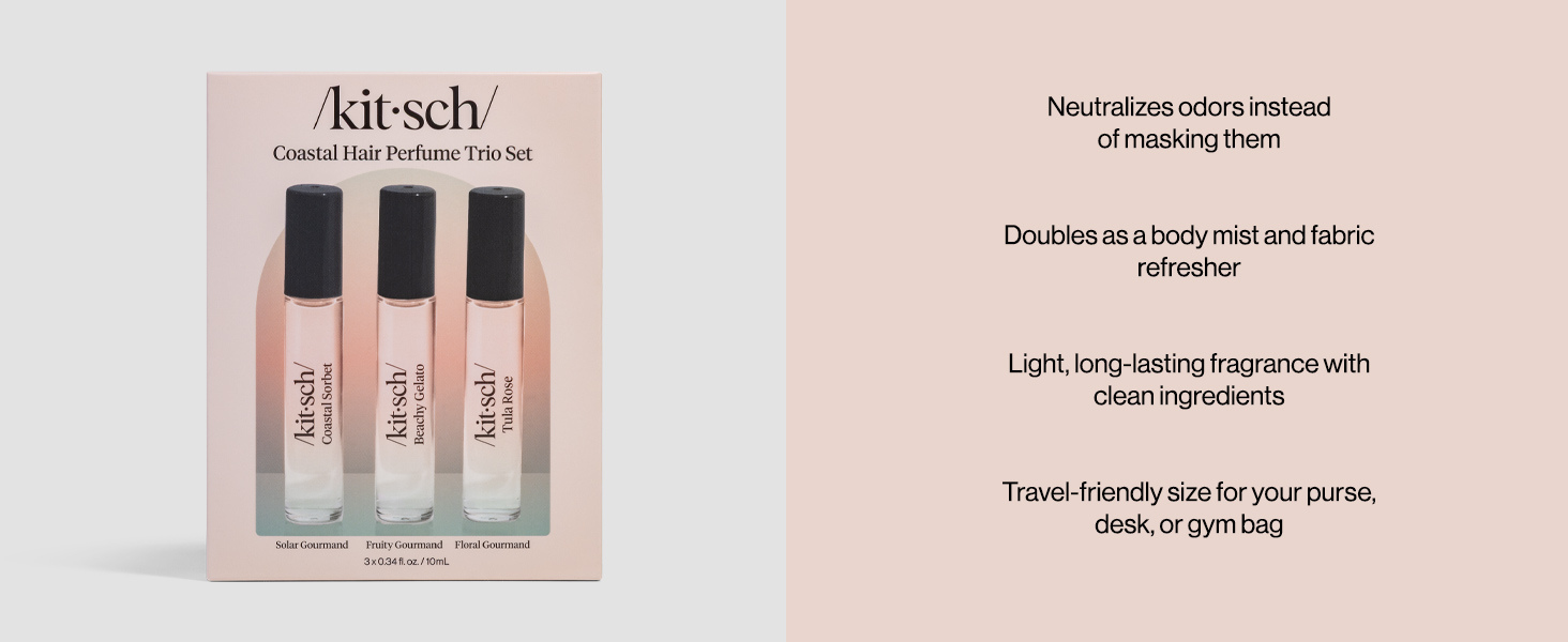 Kitsch Hair Perfume for Women- Trio Set | Deodorizing & Patented Odor-Eliminating Technology Hair Spray & Body Mist- Freshen Hair, Body & Pillows - Tula Rose, Beachy Gelato & Coastal Sorbet- 3 x 10mL