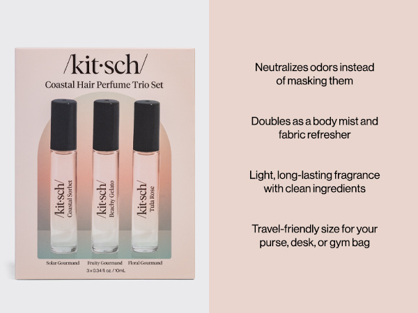 Kitsch Hair Perfume for Women- Trio Set | Deodorizing & Patented Odor-Eliminating Technology Hair Spray & Body Mist- Freshen Hair, Body & Pillows - Tula Rose, Beachy Gelato & Coastal Sorbet- 3 x 10mL
