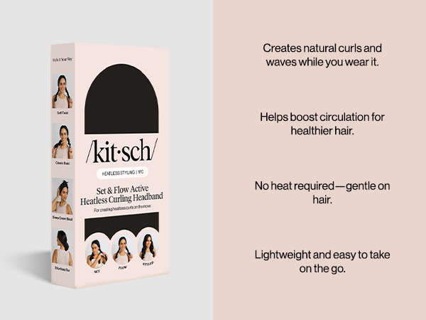 Kitsch Set & Flow Active Heatless Curling Headband For Women – Achieves Heatless Curls Overnight, No Heat Damage | Heatless Curlers with Flexible Fit | Great During Gym Sessions, Travel - Black, 1pc