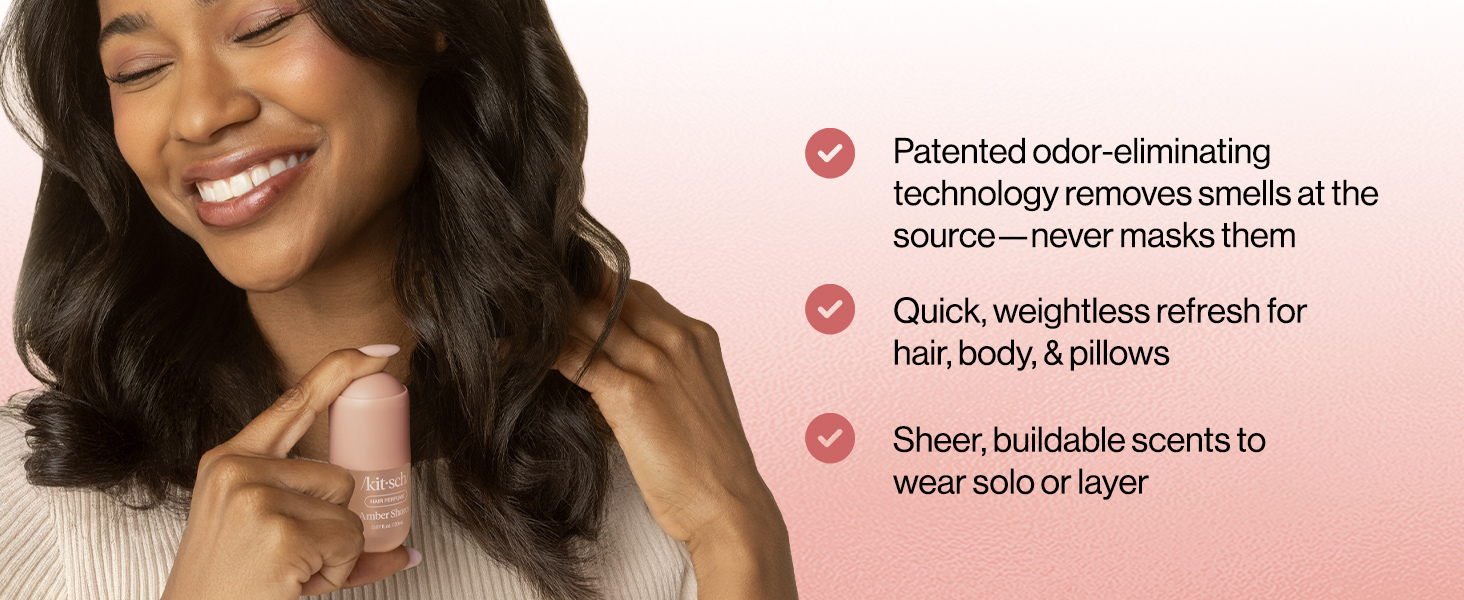 Kitsch Hair Perfume for Women - Amber Shores | Clean, Deodorizing & Patented Odor-Eliminating Technology Hair Spray & Body Mist - Freshen Hair, Body & Pillows - Woody Aquatic Scent - 20mL
