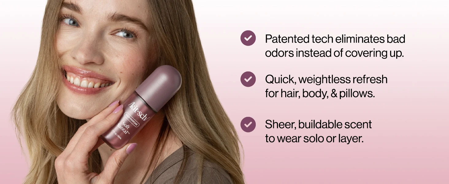 Kitsch Hair Perfume for Women – Hair Spray & Body Mist – Soft Santal, 50mL | Clean, Deodorizing & Patented Odor-Eliminating Technology – Freshen Hair, Body & Pillows – Made in USA