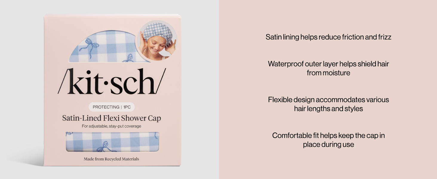 Kitsch Luxury Satin-Lined Flexi Shower Cap for Women - Gingham Blue | Shower Caps for Women Reusable Waterproof - Non-slip, Comfortable Quick-dry Hair Shower Cap for All Hair Types