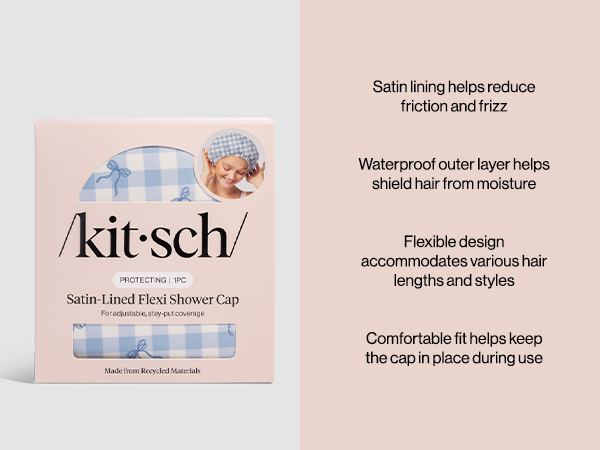 Kitsch Luxury Satin-Lined Flexi Shower Cap for Women - Gingham Blue | Shower Caps for Women Reusable Waterproof - Non-slip, Comfortable Quick-dry Hair Shower Cap for All Hair Types