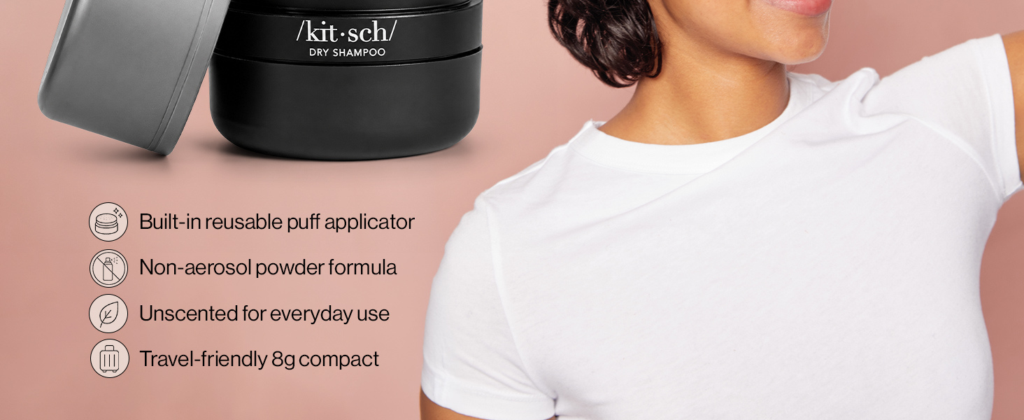 Kitsch Volumizing Rice Protein Dry Shampoo For Women Powder Puff - Dark, 8g | Absorbs Oil, Non-Greasy, Great For Dark Hair – Unscented – Travel Size Dry Hair Shampoo for Women & Men, No White Cast