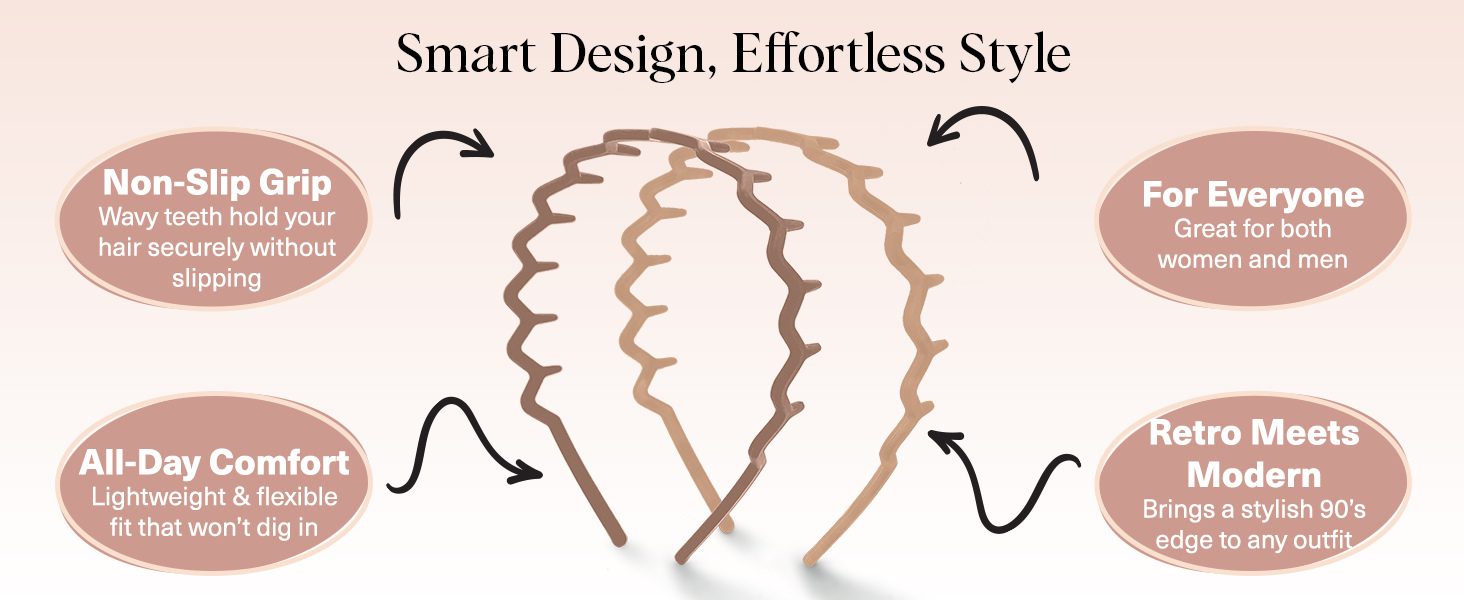 Kitsch Zig Zag Headbands for Women - Neutral, 2 pcs, Fashion Accessories for Slicked Back Styles | Comfortable Wavy Headbands | Comb Headband with Teeth